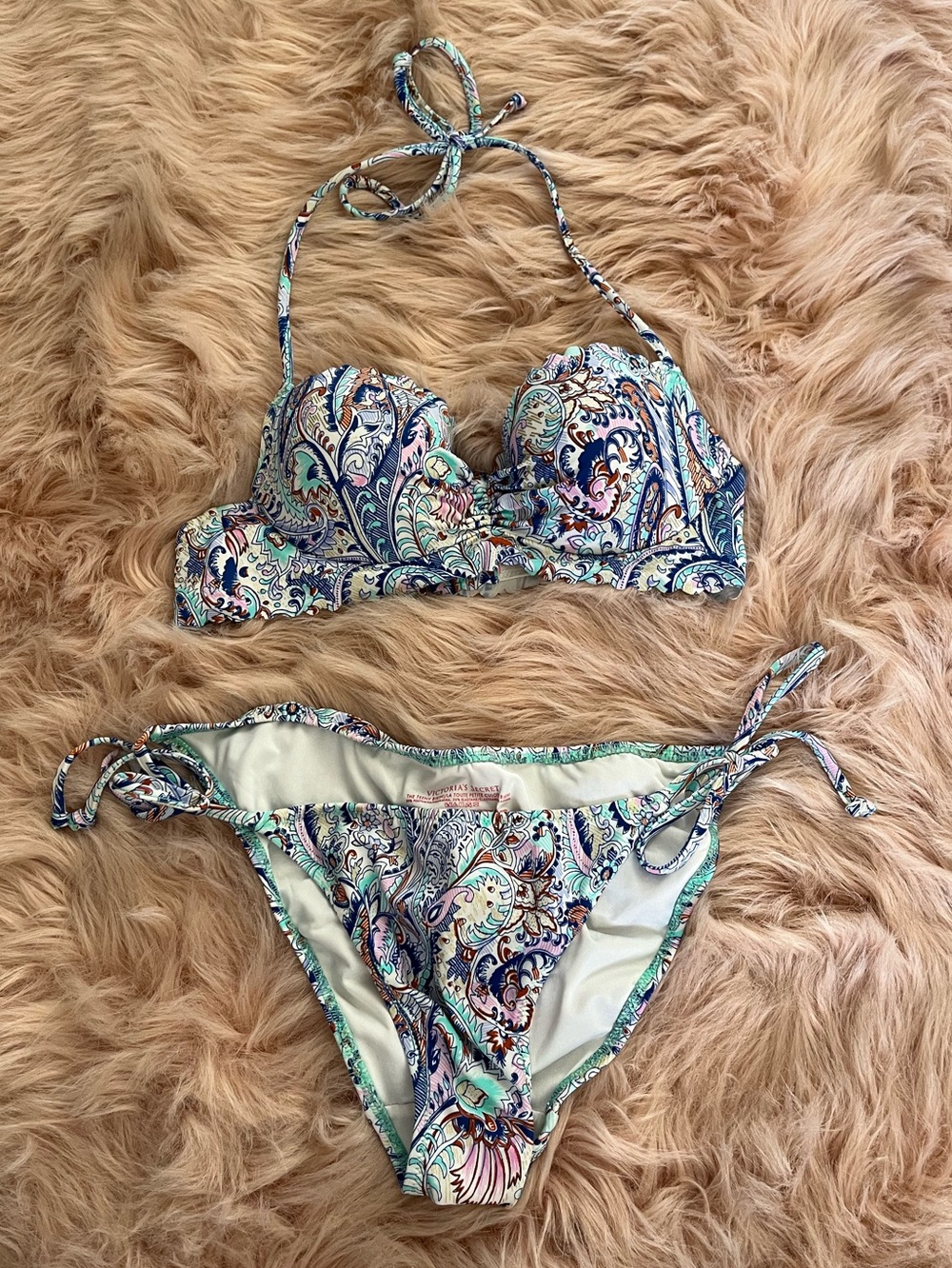 Victoria's Secret Y2k blue Multi Paisley‎ Bali Chic Push Up String Bikini small